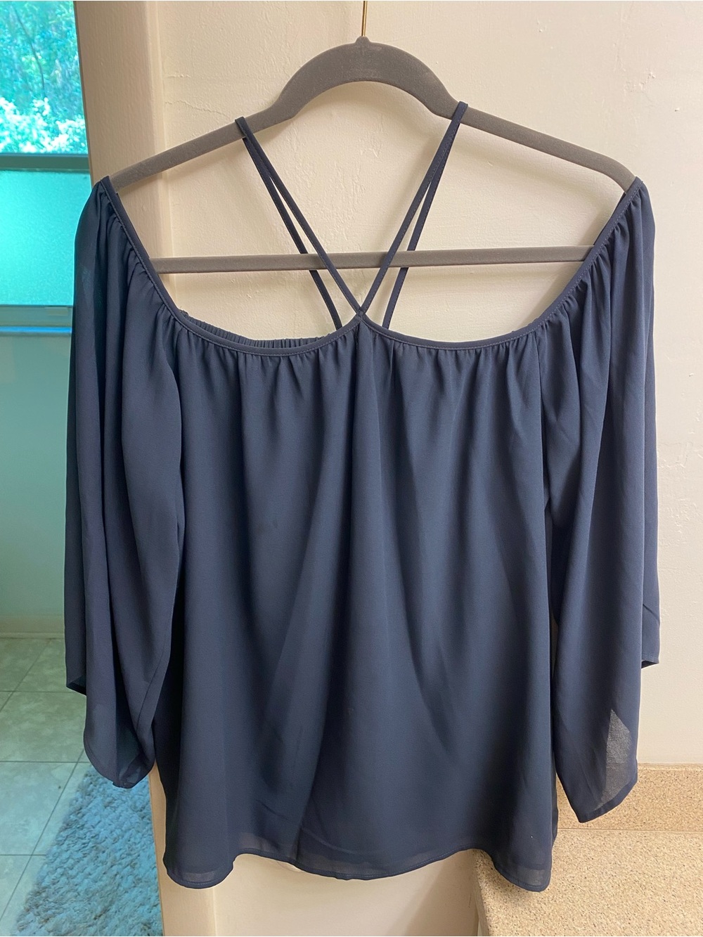 LOFT Navy Off-Shoulder Blouse with Crisscross Straps
